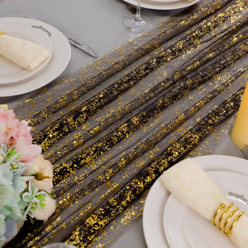 Snowkingdom Black and Gold Cheesecloth Table Runner 10 FT, Sheer Chiffon Sparkle Gauze Mesh Runners 120 Inch, Glitter Table Centerpieces Decoration for Birthday Party Wedding Christmas Halloween - Image 5