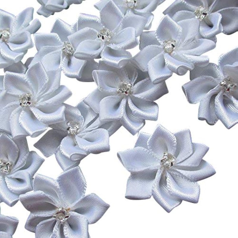 Chenkou Craft 40pcs 28mm1 18 Satin Ribbon Flowers Bows Rhinestone Appliques White