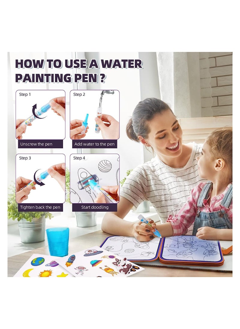 SYOSI Reusable Water Colouring Books 2 in 1 Kids Magic Coloring Books with Pen and Stickers Books Animal Space Sticker Book  - Image 4