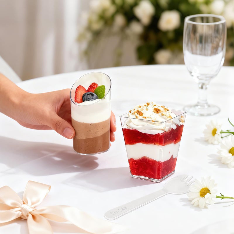 SIJDIEE 120 Pcs Plastic Dessert Cups with Spoons, 5 OZ Mini Clear Plastic Dessert Parfait Cup, Reusable Square Dessert Shot Glasses and Round Goblet for Party Ice Cream Cake Yogurt Fruit Pudding - Image 5