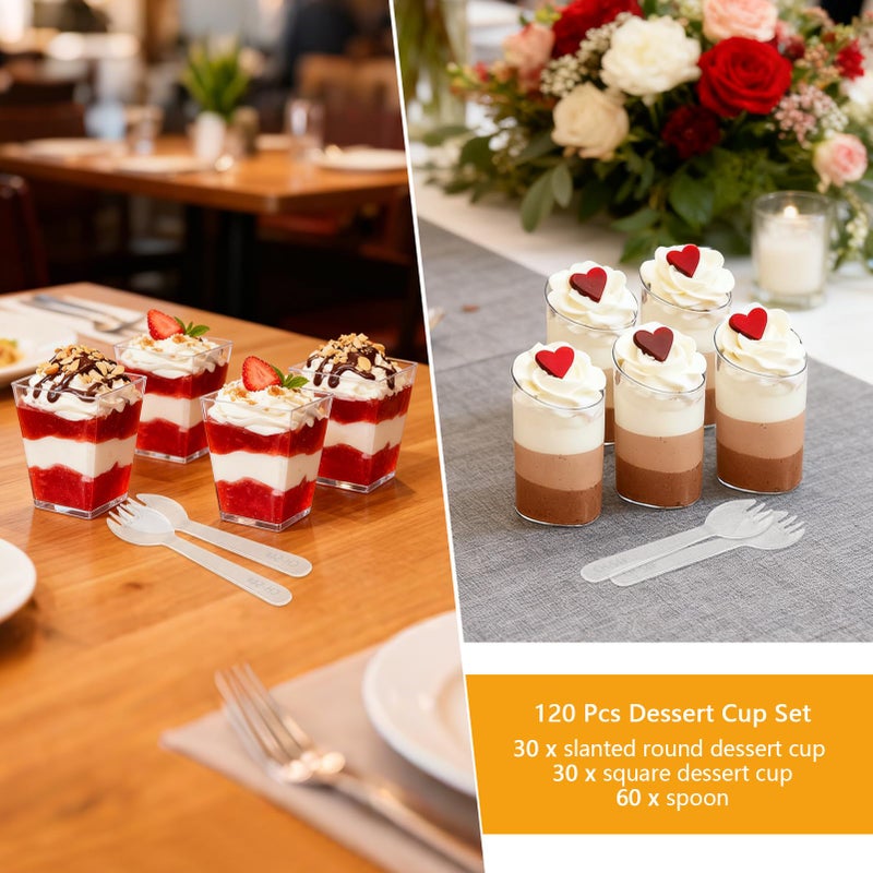 SIJDIEE 120 Pcs Plastic Dessert Cups with Spoons, 5 OZ Mini Clear Plastic Dessert Parfait Cup, Reusable Square Dessert Shot Glasses and Round Goblet for Party Ice Cream Cake Yogurt Fruit Pudding - Image 3