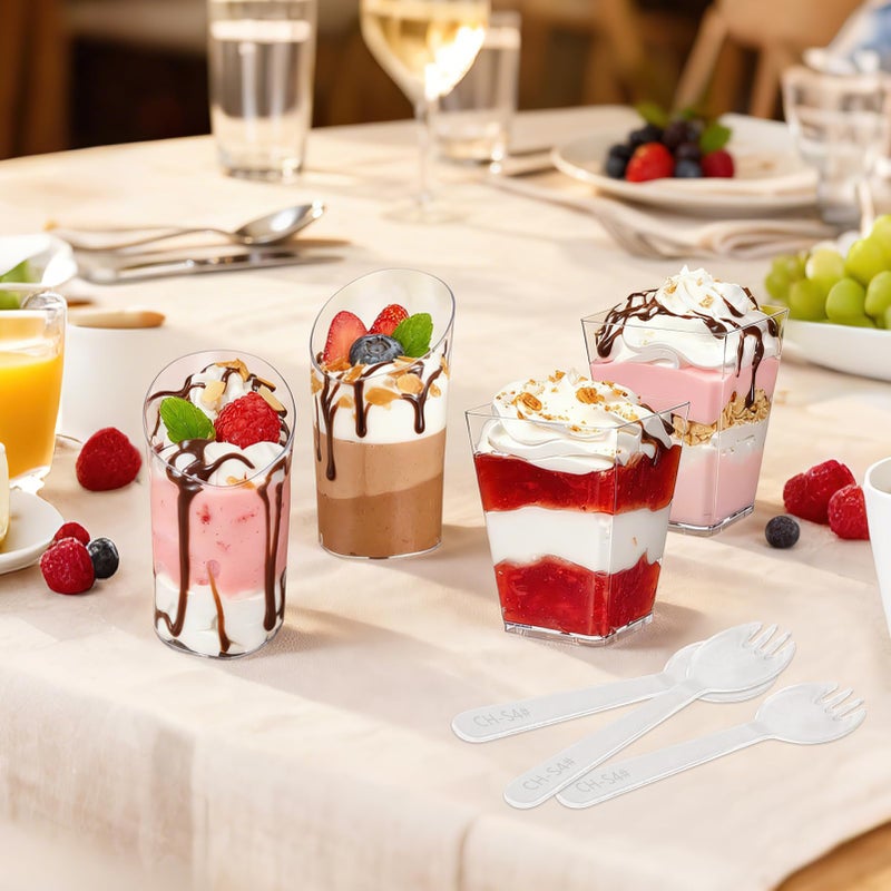 SIJDIEE 120 Pcs Plastic Dessert Cups with Spoons, 5 OZ Mini Clear Plastic Dessert Parfait Cup, Reusable Square Dessert Shot Glasses and Round Goblet for Party Ice Cream Cake Yogurt Fruit Pudding - Image 4