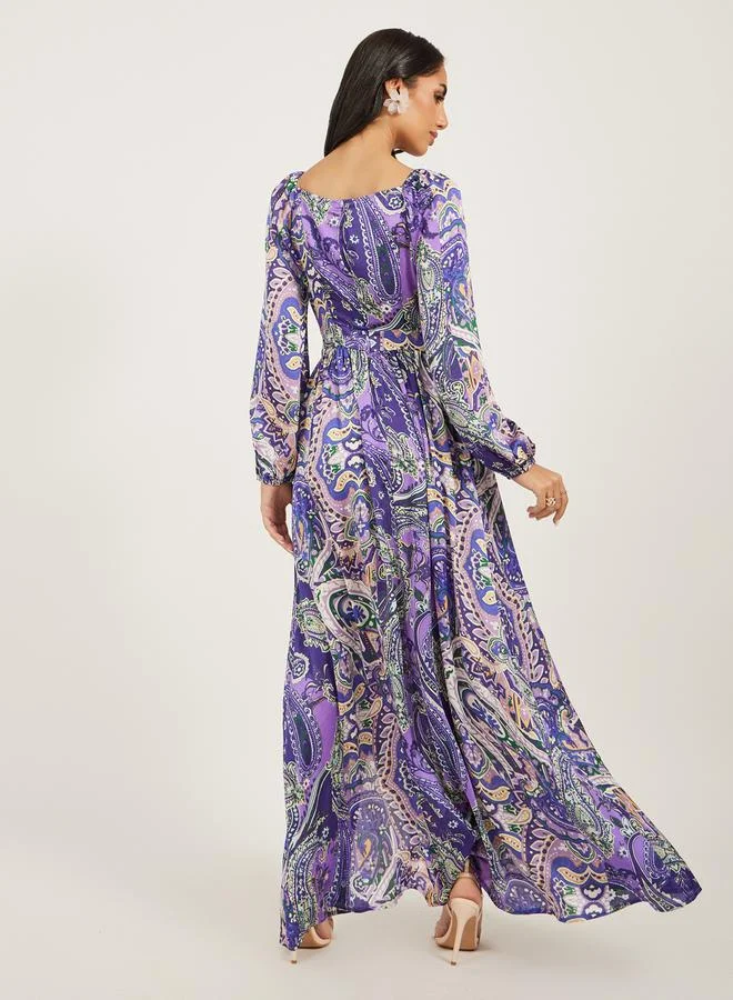 Styli All-Over Print Cuffed Sleeves A-Line Maxi Dress