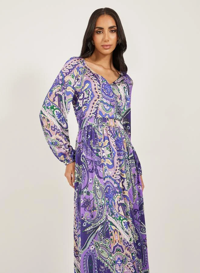 Styli All-Over Print Cuffed Sleeves A-Line Maxi Dress