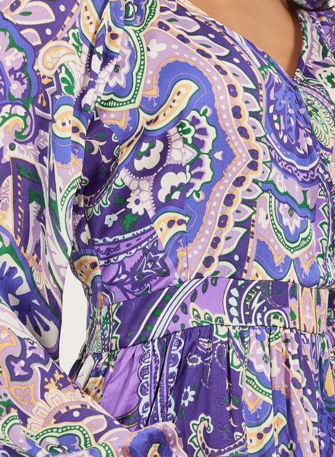 Styli All-Over Print Cuffed Sleeves A-Line Maxi Dress