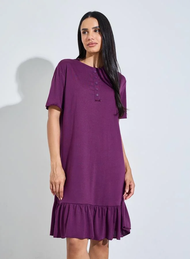 Styli Purple Solid Ruffled Hem T-Shirt Midi Nightdress