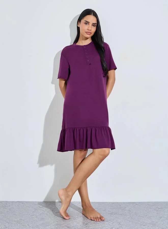 Styli Purple Solid Ruffled Hem T-Shirt Midi Nightdress