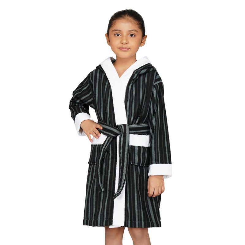 Rangoli Tonal 100% Cotton Hooded Bathrobe for Kids - Black, 9-10 Years - Image 1