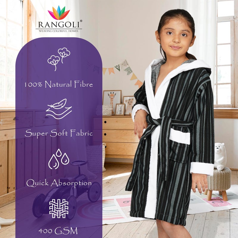 Rangoli Tonal 100% Cotton Hooded Bathrobe for Kids - Black, 9-10 Years - Image 2