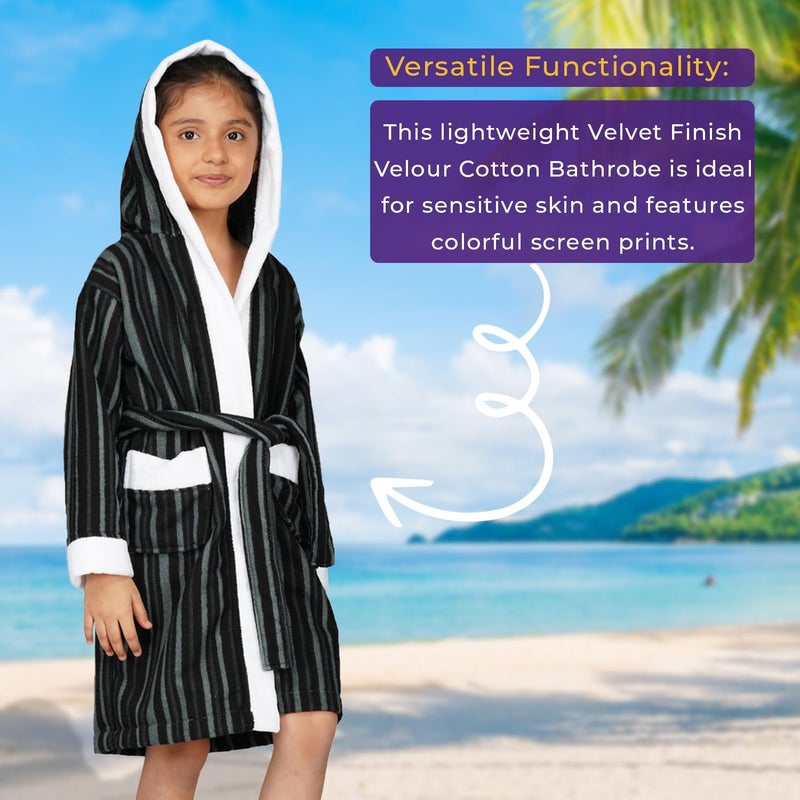 Rangoli Tonal 100% Cotton Hooded Bathrobe for Kids - Black, 9-10 Years - Image 5