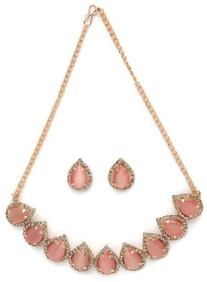 سوكهي طقم قلادة على شكل عظمة الترقوة مطلي بالذهب مع أحجار وردية من سوكي مع أقراط متدلية | مجموعة مجوهرات للنساء (NS105705) - Image 1