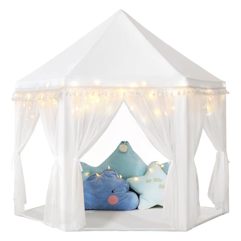 Monobeach White Princess Tent Girls Tassel Decor Large Playhouse Kids Castle Play Tent with Star Lights Toy for Children Indoor and Outdoor Games, 55'' x 53'' (White Princess Tent with Tassel) - Image 1