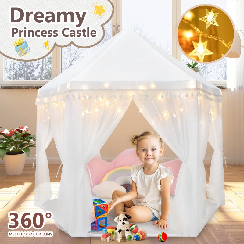 Monobeach White Princess Tent Girls Tassel Decor Large Playhouse Kids Castle Play Tent with Star Lights Toy for Children Indoor and Outdoor Games, 55'' x 53'' (White Princess Tent with Tassel) - Image 3