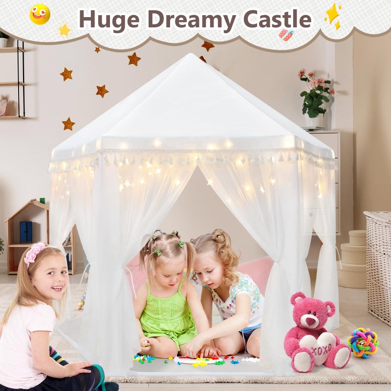 Monobeach White Princess Tent Girls Tassel Decor Large Playhouse Kids Castle Play Tent with Star Lights Toy for Children Indoor and Outdoor Games, 55'' x 53'' (White Princess Tent with Tassel) - Image 2