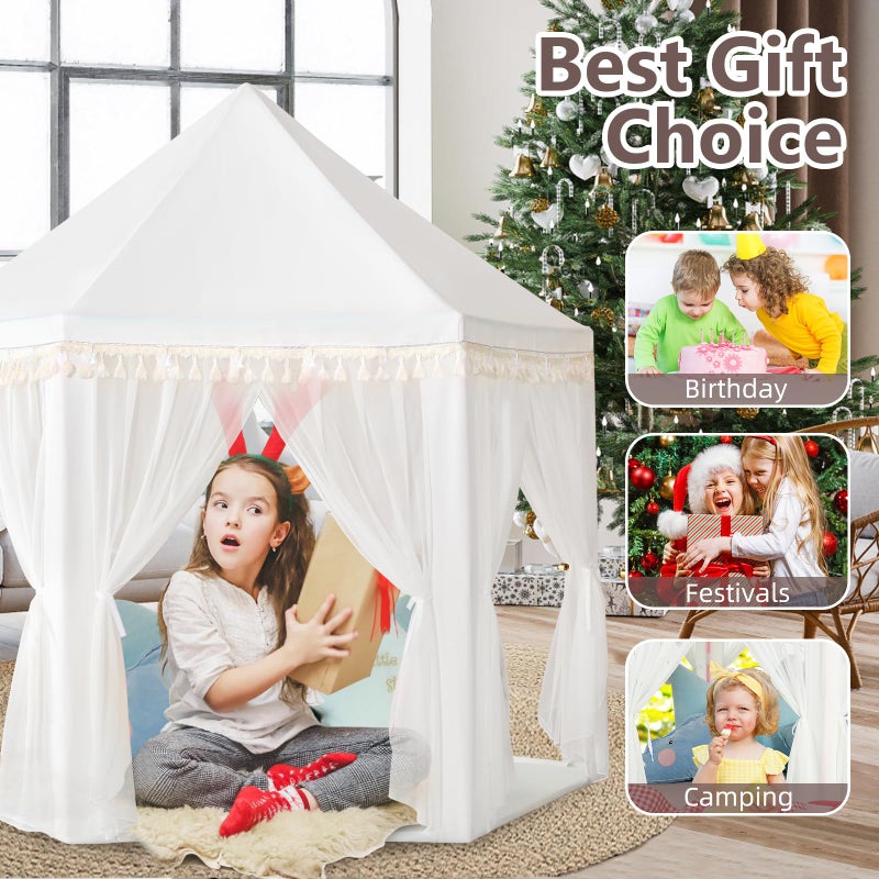 Monobeach White Princess Tent Girls Tassel Decor Large Playhouse Kids Castle Play Tent with Star Lights Toy for Children Indoor and Outdoor Games, 55'' x 53'' (White Princess Tent with Tassel) - Image 5