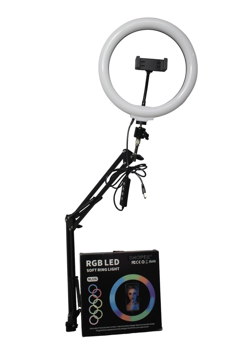 SHOPEE Overhead Video Mobile Stand, Led 10inch RGB Ring Light, 2 Way Base clamp,1/4" Ball Head for Camera, Webcams, with Mobile Bracket - Image 1