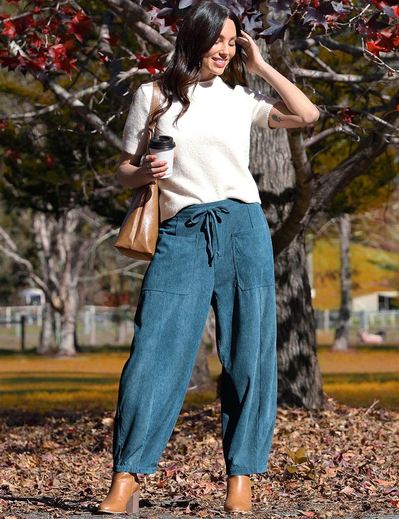 TARSE Womens Baggy Wide Leg Pants Casual Elastic Waisted Palazzo Harem Pants with Pockets Blue, L - Image 4