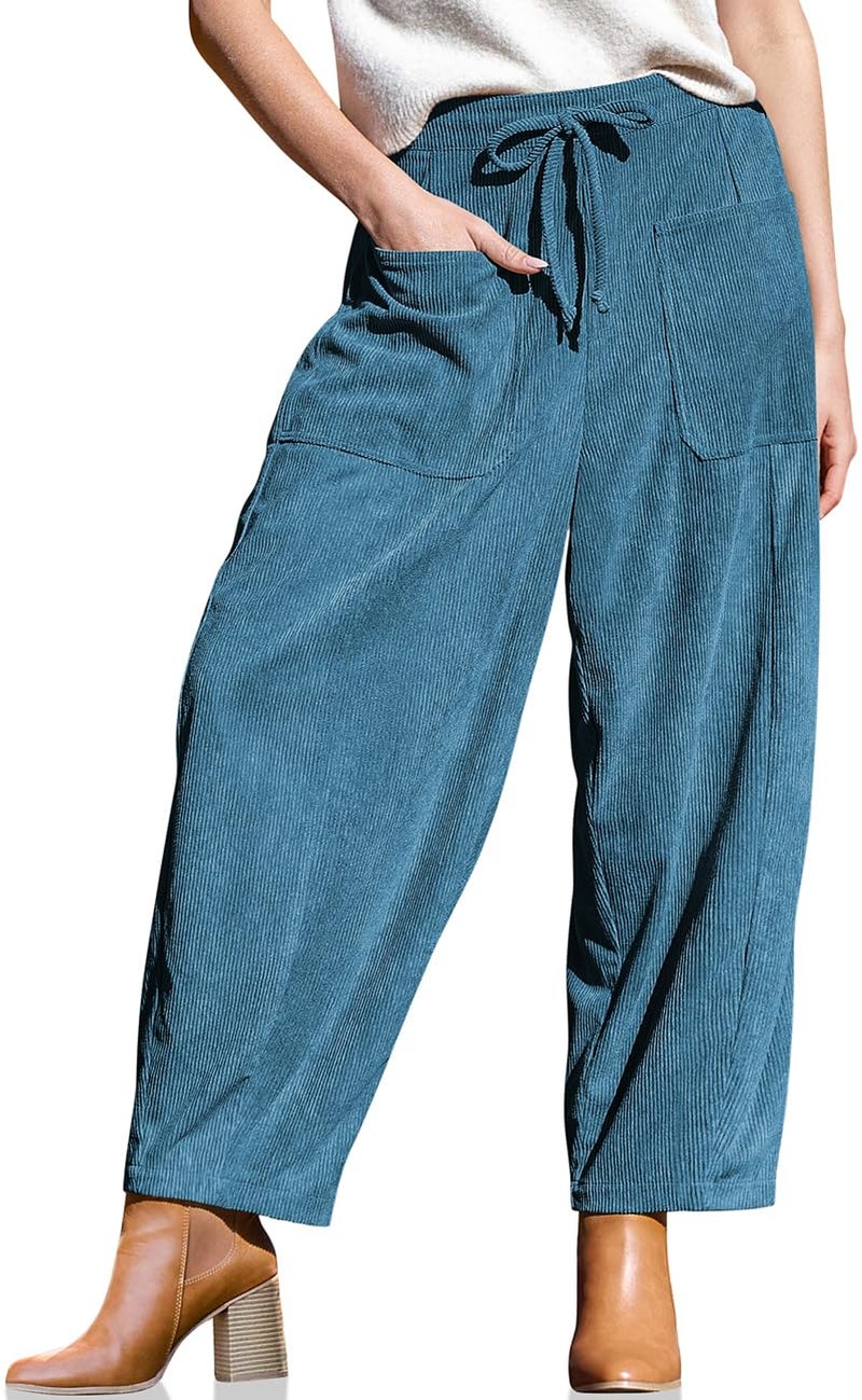 TARSE Womens Baggy Wide Leg Pants Casual Elastic Waisted Palazzo Harem Pants with Pockets Blue, L - Image 1