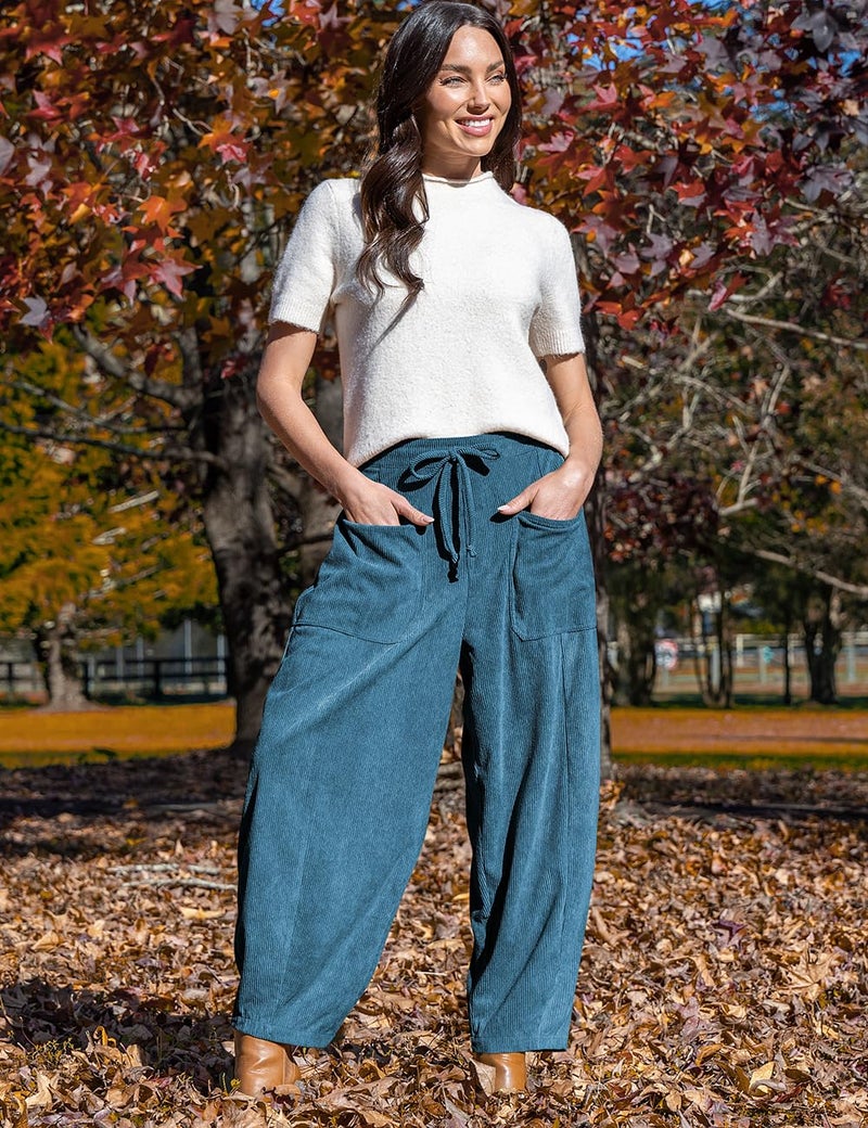 TARSE Womens Baggy Wide Leg Pants Casual Elastic Waisted Palazzo Harem Pants with Pockets Blue, L - Image 2
