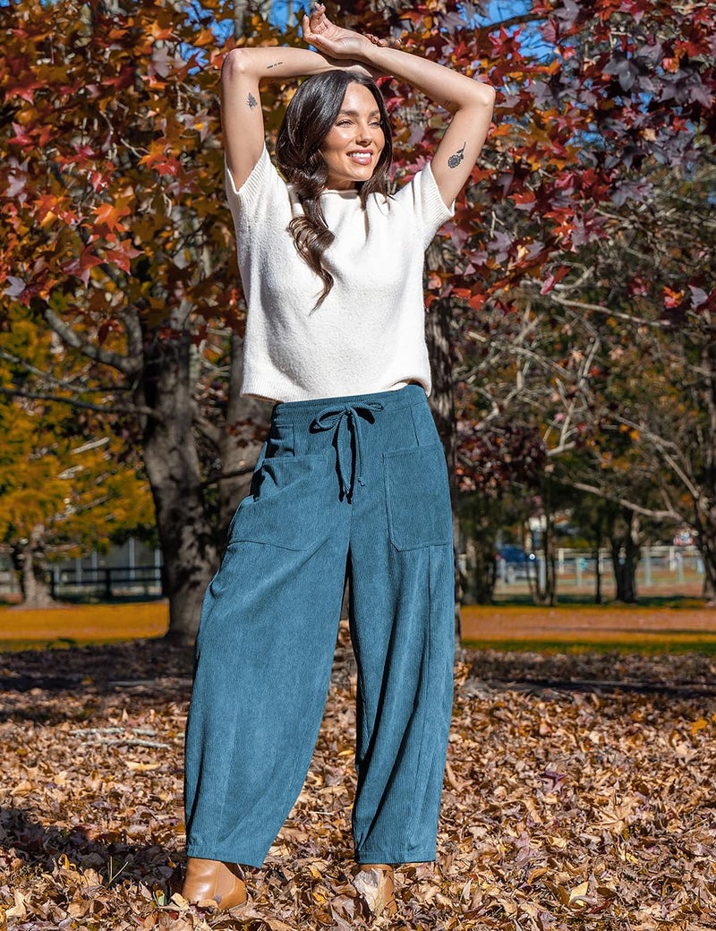 TARSE Womens Baggy Wide Leg Pants Casual Elastic Waisted Palazzo Harem Pants with Pockets Blue, L - Image 3