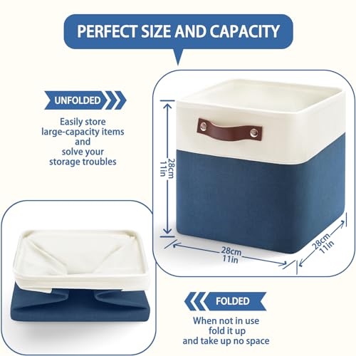 Patvingot 6Pack Foldable Fabric Storage Cubes 11x11 Inch Sturdy Cube Organizer Bins with Leather Handles Storage Baskets for Closet Shelves and Home OrganizationWhiteBlue - Image 3