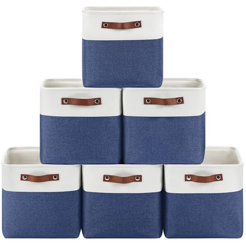 Patvingot 6Pack Foldable Fabric Storage Cubes 11x11 Inch Sturdy Cube Organizer Bins with Leather Handles Storage Baskets for Closet Shelves and Home OrganizationWhiteBlue - Image 1