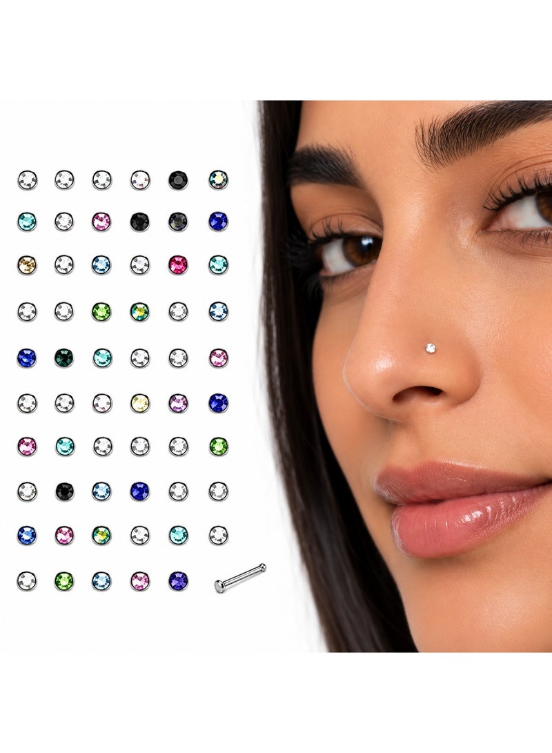 veya 60-Piece Stainless Steel Nose Stud Set with Multicolor Crystal Stones, Small Elegant Nose Piercing Jewelry for Daily Wear - Image 1