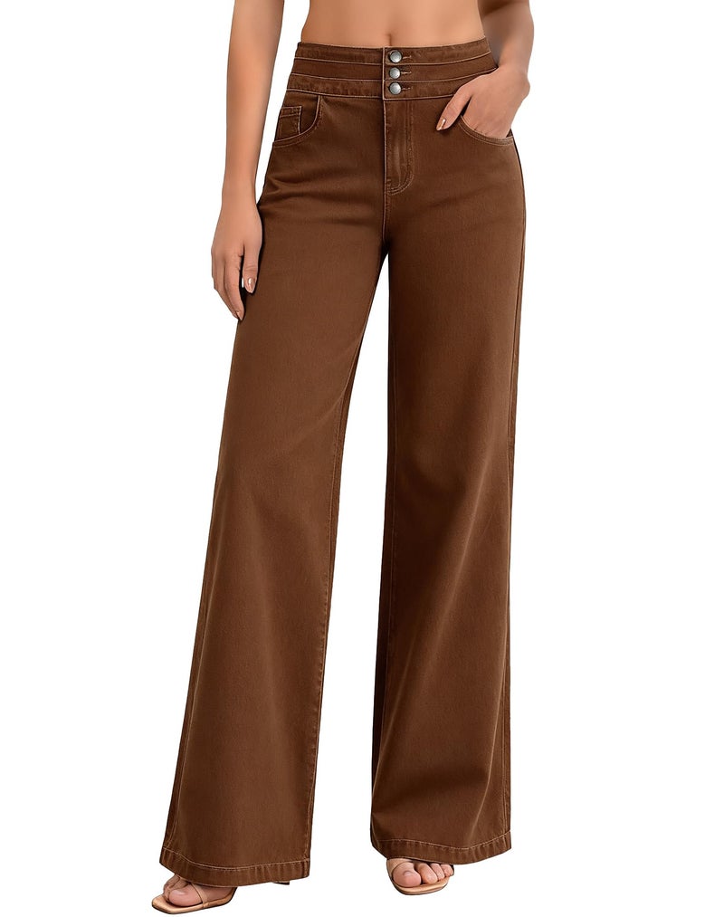 roswear Women's Wide Leg Jeans Casual High Waisted Stretch Baggy Loose Denim Pants Saddle Brown Medium - Image 1