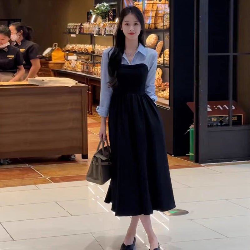 2024 Spring Two-piece Shirt Dress Black Womens Autumn Long Skirt Black [original zipper]]