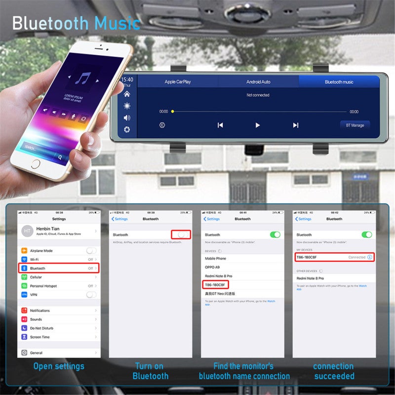 4K Dash Camera 11.26 Inch Black Touch Screen - Wireless CarPlay Android Auto Rear View Mirror Dash Cam for Car Driving Parking Monitoring - Image 3