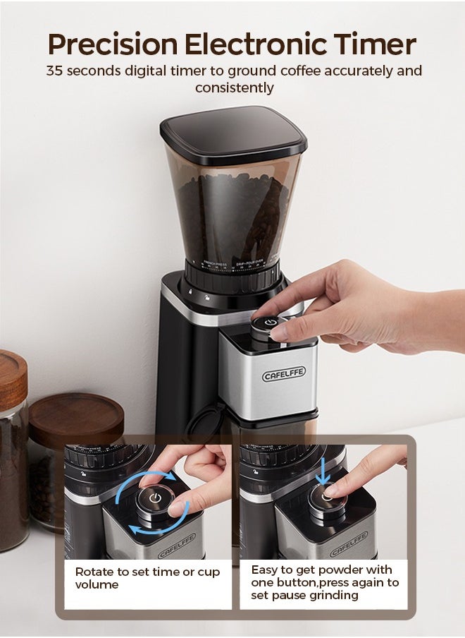 Cafelffe - ماكينة طحن القهوة المخروطية المضادة للكهرباء الساكنة، مزودة بمؤقت إلكتروني دقيق و48 إعدادًا للسمك، مطحنة حبوب القهوة قابلة للتعديل باللون الأسود بقدرة 150 وات - Image 1