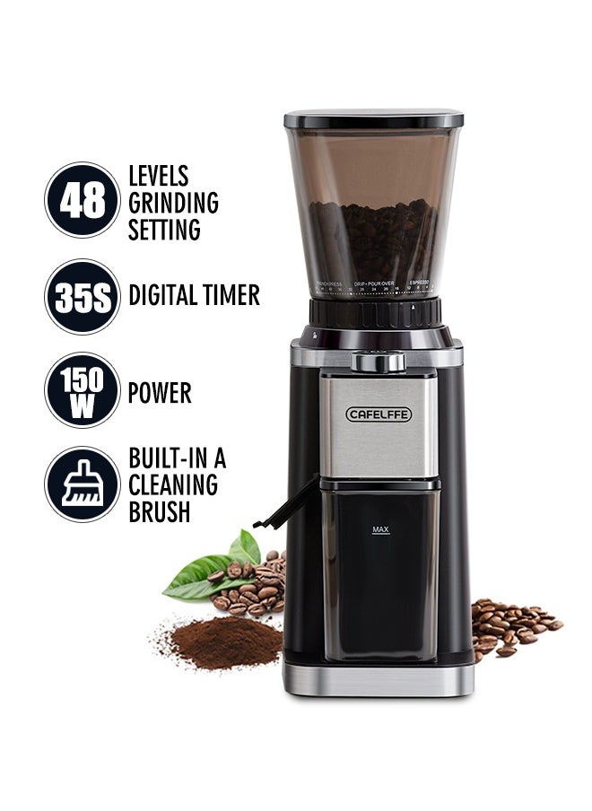 Cafelffe Anti-Static Conical Burr Coffee Grinder Machine With Precision Electronic Timer And 48 Thickness Settings Adjustable Coffee Bean Grinder Black 150W 