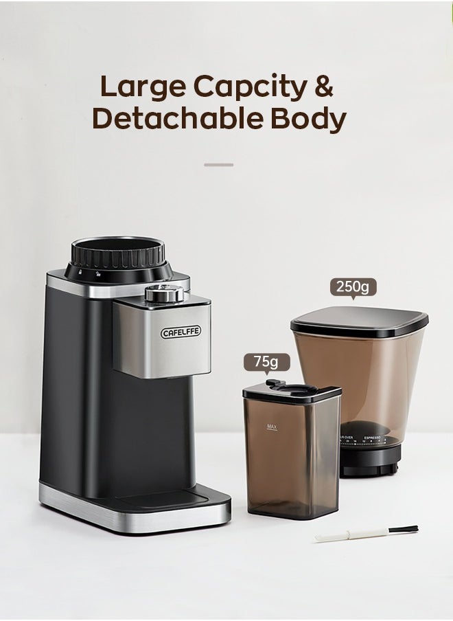 Cafelffe - ماكينة طحن القهوة المخروطية المضادة للكهرباء الساكنة، مزودة بمؤقت إلكتروني دقيق و48 إعدادًا للسمك، مطحنة حبوب القهوة قابلة للتعديل باللون الأسود بقدرة 150 وات - Image 1