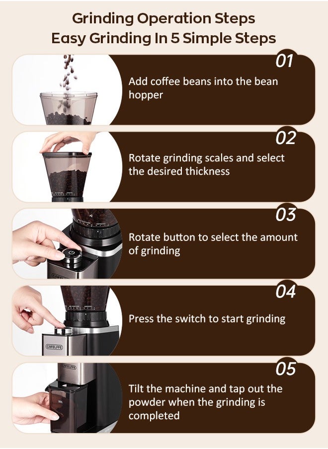 Cafelffe - ماكينة طحن القهوة المخروطية المضادة للكهرباء الساكنة، مزودة بمؤقت إلكتروني دقيق و48 إعدادًا للسمك، مطحنة حبوب القهوة قابلة للتعديل باللون الأسود بقدرة 150 وات - Image 1