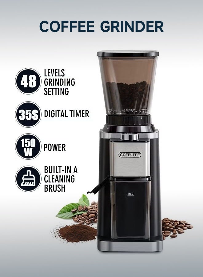 كافلف ماكينة طحن القهوة المخروطية المضادة للكهرباء الساكنة مع مؤقت إلكتروني دقيق و48 إعدادًا للسمك، مطحنة حبوب القهوة قابلة للتعديل باللون الأسود 150 وات - Image 1