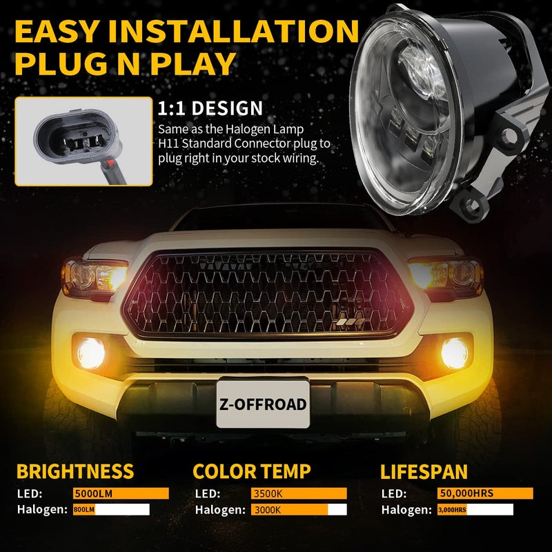 Z-OFFROAD Yellow LED Fog Lights Assembly with Clear Lens for 2016-2022 Tacoma 2009-2013 Camry Corolla 2014-2022 4Runner 2014-2019 Tundra Amber Golden Yellow Bumper Driving Lamps Replacement - Image 5