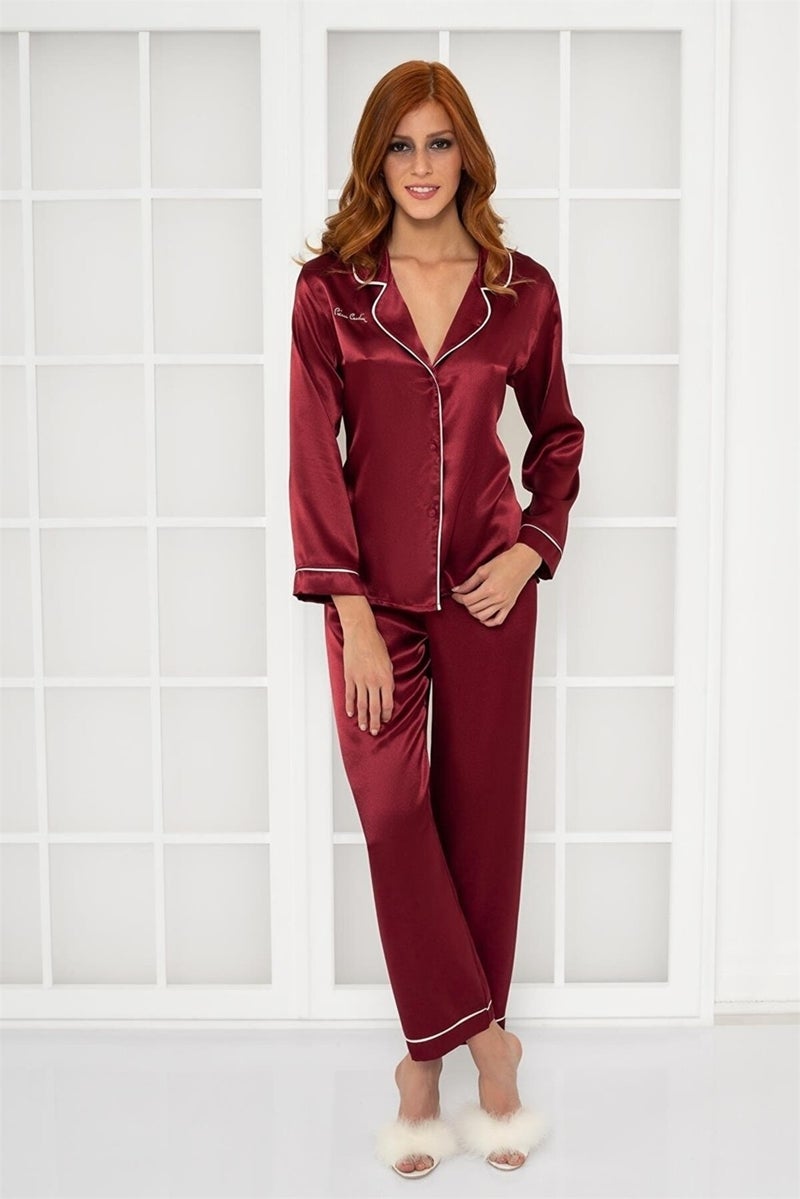 pierre cardin 1200 Women's Satin Pajama Set-Burgundy - Image 1