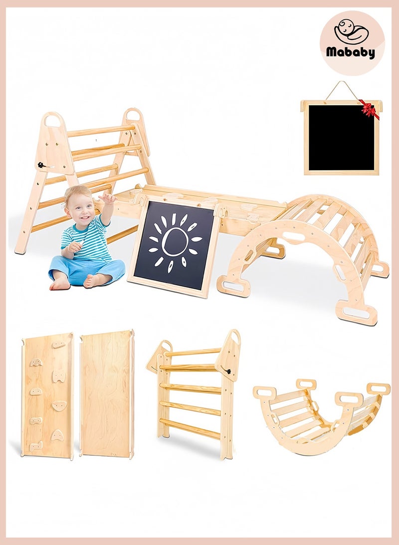 ما بيبي مجموعة مونتيسوري الخشبية للتسلق ٨ في ١ للأطفال الصغار - صالة ألعاب داخلية للأطفال مع منحدر تسلق، وزحليقة، وقوس هزاز، وأرجوحة، وسبورة، ولوحة أنشطة | لعبة لتنمية المهارات الحركية للأطفال الصغار (١-٤ سنوات) - Image 1