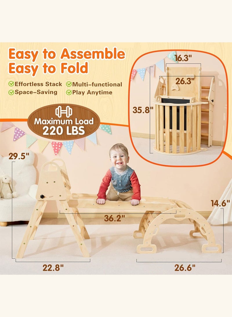 ما بيبي مجموعة مونتيسوري الخشبية للتسلق ٨ في ١ للأطفال الصغار - صالة ألعاب داخلية للأطفال مع منحدر تسلق، وزحليقة، وقوس هزاز، وأرجوحة، وسبورة، ولوحة أنشطة | لعبة لتنمية المهارات الحركية للأطفال الصغار (١-٤ سنوات) - Image 5