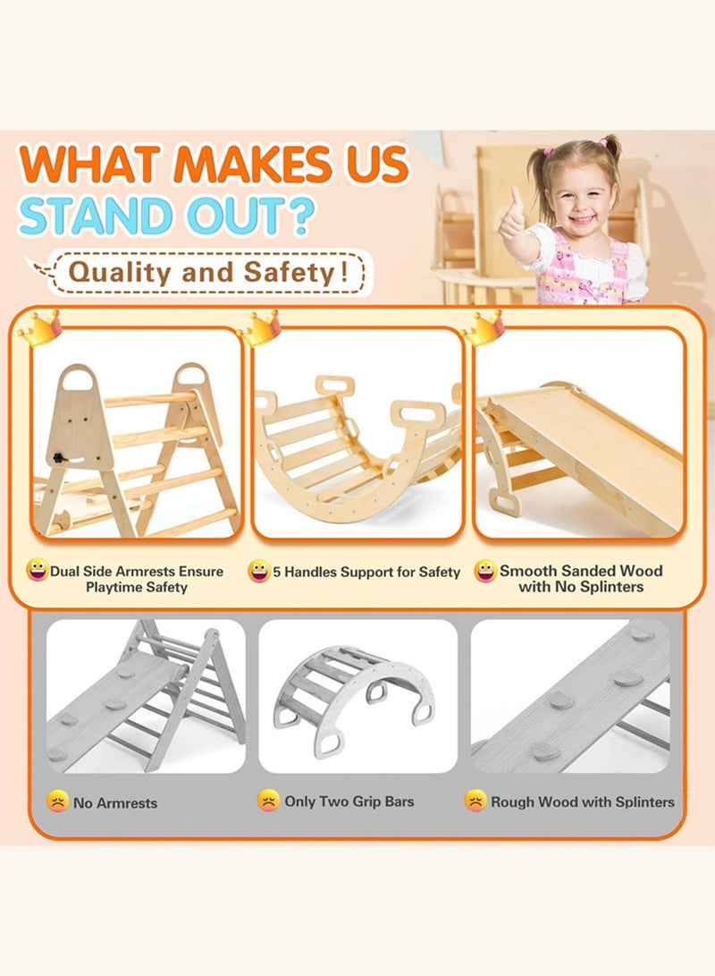 ما بيبي مجموعة مونتيسوري الخشبية للتسلق ٨ في ١ للأطفال الصغار - صالة ألعاب داخلية للأطفال مع منحدر تسلق، وزحليقة، وقوس هزاز، وأرجوحة، وسبورة، ولوحة أنشطة | لعبة لتنمية المهارات الحركية للأطفال الصغار (١-٤ سنوات) - Image 3