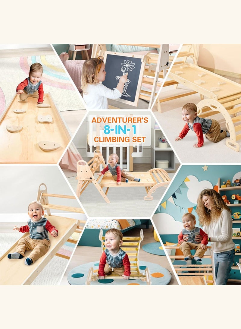 ما بيبي مجموعة مونتيسوري الخشبية للتسلق ٨ في ١ للأطفال الصغار - صالة ألعاب داخلية للأطفال مع منحدر تسلق، وزحليقة، وقوس هزاز، وأرجوحة، وسبورة، ولوحة أنشطة | لعبة لتنمية المهارات الحركية للأطفال الصغار (١-٤ سنوات) - Image 4