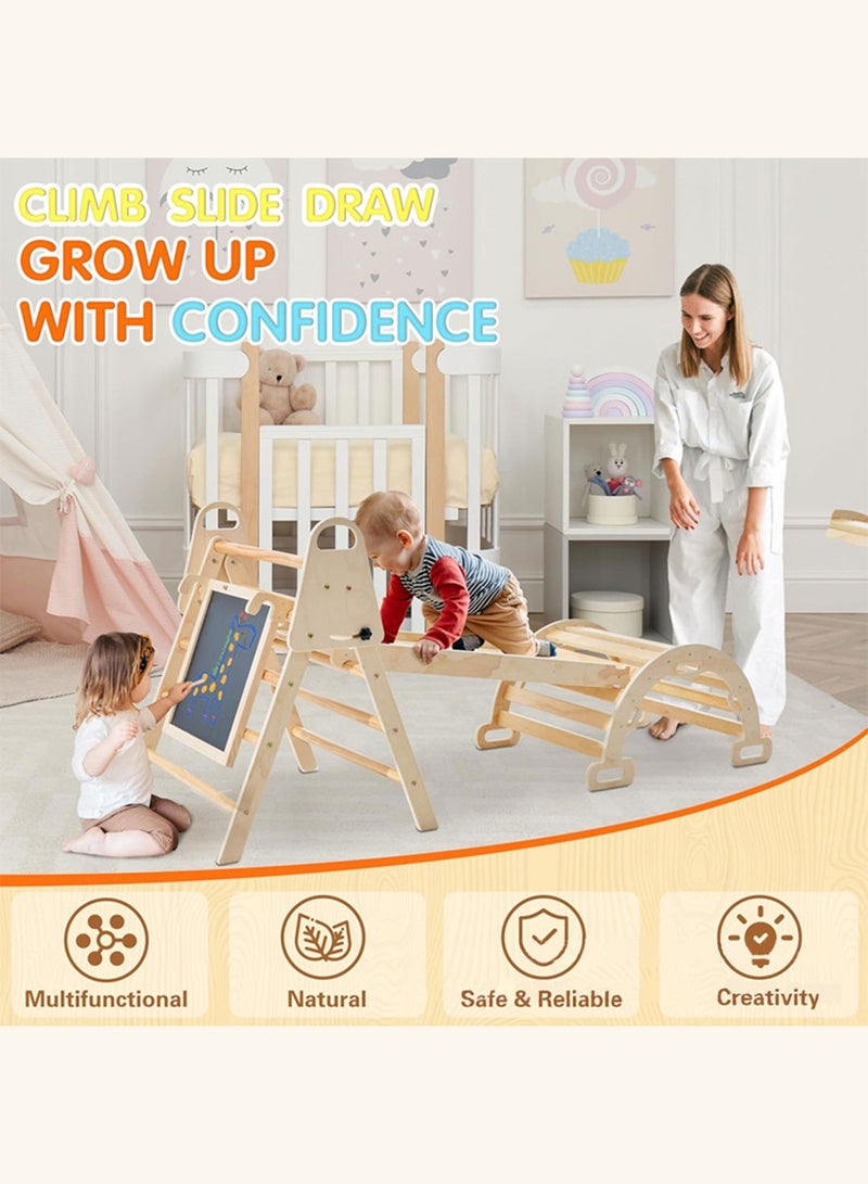 ما بيبي مجموعة مونتيسوري الخشبية للتسلق ٨ في ١ للأطفال الصغار - صالة ألعاب داخلية للأطفال مع منحدر تسلق، وزحليقة، وقوس هزاز، وأرجوحة، وسبورة، ولوحة أنشطة | لعبة لتنمية المهارات الحركية للأطفال الصغار (١-٤ سنوات) - Image 2