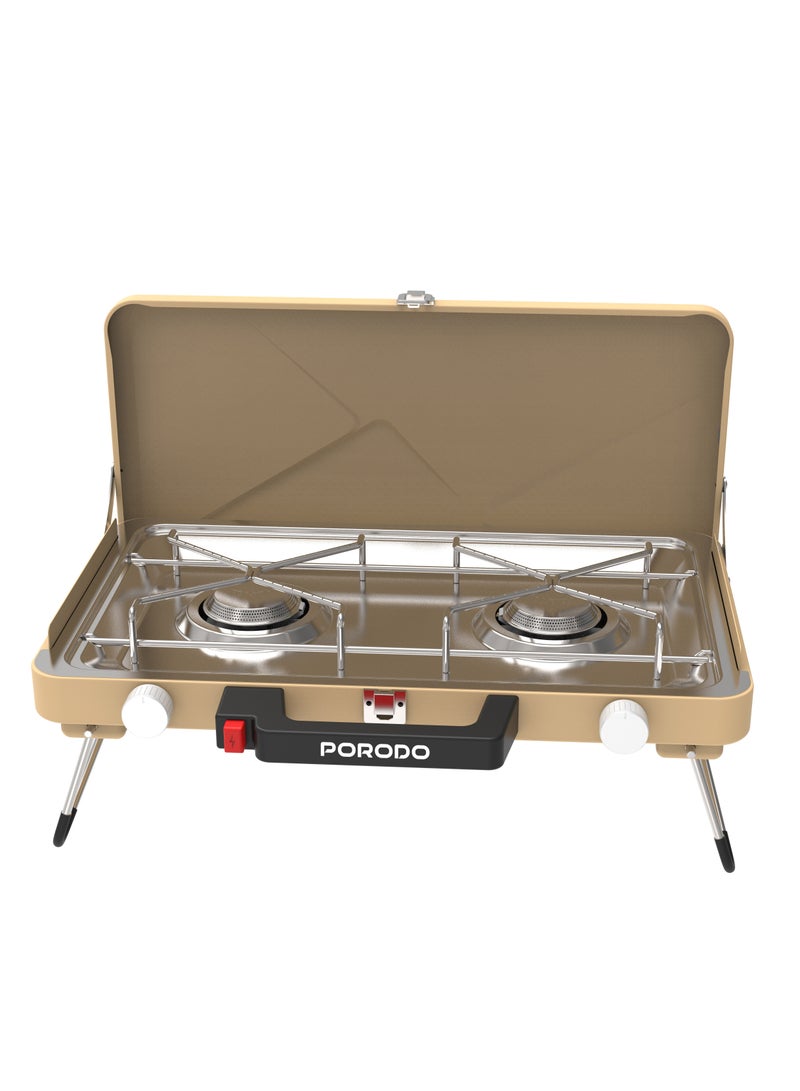 بورودو موقد تخييم محمول بموقدين / هيكل من الحديد مع طلاء مسحوق من الفولاذ المقاوم للصدأ / إشعال إلكتروني فوري / تحكم دقيق في اللهب / رائع للطهي في الهواء الطلق والشواء والمشي لمسافات طويلة وصيد الأسماك والنزهات - كاكي - Image 1