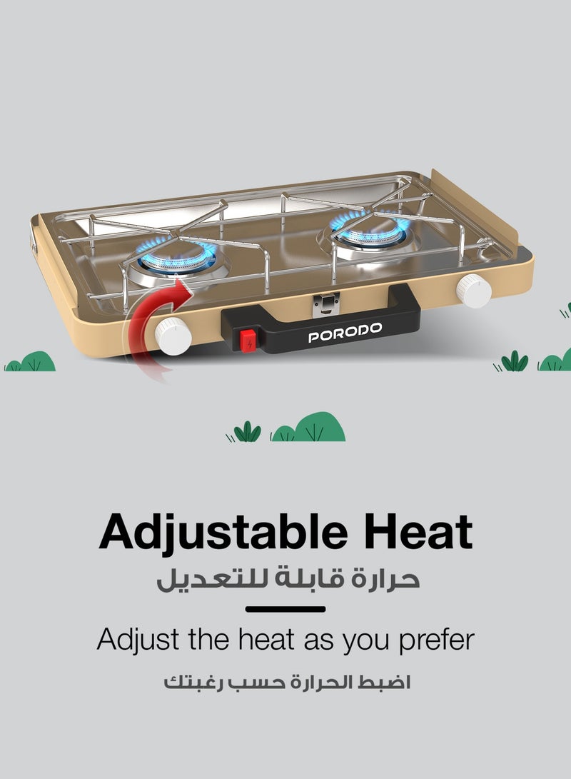 بورودو موقد تخييم محمول بموقدين / هيكل من الحديد مع طلاء مسحوق من الفولاذ المقاوم للصدأ / إشعال إلكتروني فوري / تحكم دقيق في اللهب / رائع للطهي في الهواء الطلق والشواء والمشي لمسافات طويلة وصيد الأسماك والنزهات - كاكي - Image 4