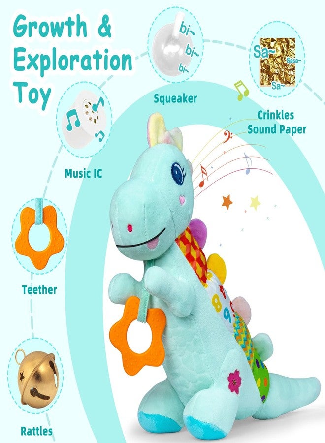 Holaxander Baby Dino Plush Soft Stuffed Animal Toy for 0-3-6-12+ Months,Infant Musical Toy with Rattle,Squeaker,Sensory Crinkle,Teether & Textures,Tummy Time Toys Christmas Baby Gift for Newborn Girl Boy (Blue) - Image 3