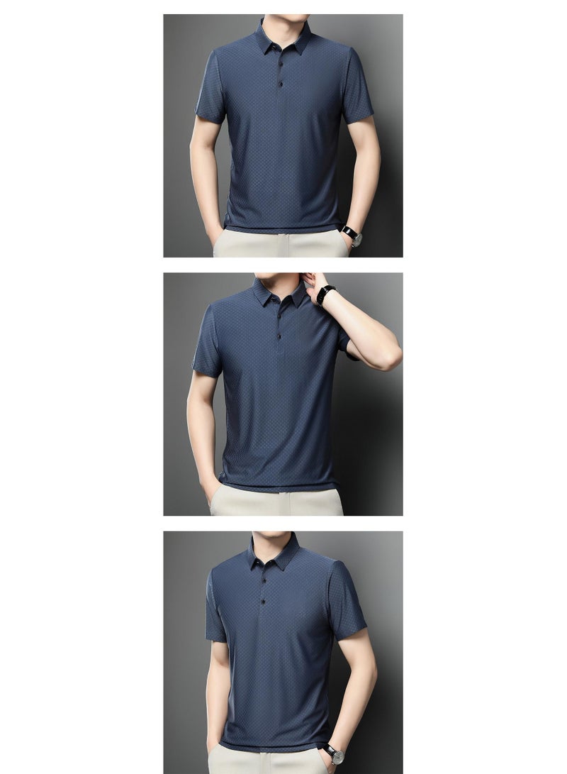 Summer Men's Slim Fit Ice Silk Polo Shirt Short Sleeve Breathable Thin T-Shirt Comfortable Elastic Casual Fashion Top - Image 2