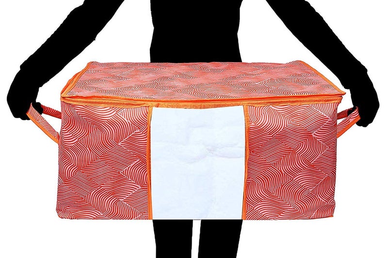 Kuber Industries Kuber Industries Laheriya Design 12 Piece Non Woven Underbed Storage Bag Storage Organiser Blanket Cover with Transparent Window Extra Large Orange CTKTC134516  - Image 4