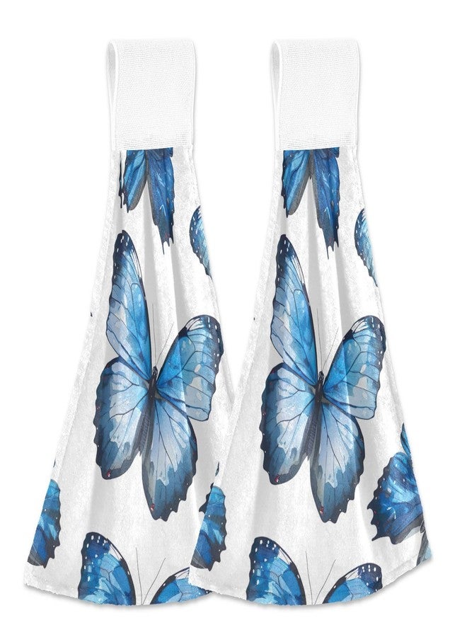 FLildon Dreamy Blue Butterfly Hand Towels for Bathroom Towel 2 Pack Absorbent Hanging Towels with Hook & Loop Wash Cloth for Kitchen - Image 1
