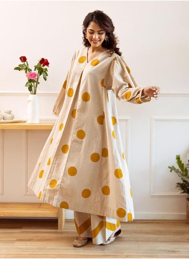 ISHIN Geometric Print V Neck A-Line Kurta and Pants Set by Styli  - Image 1