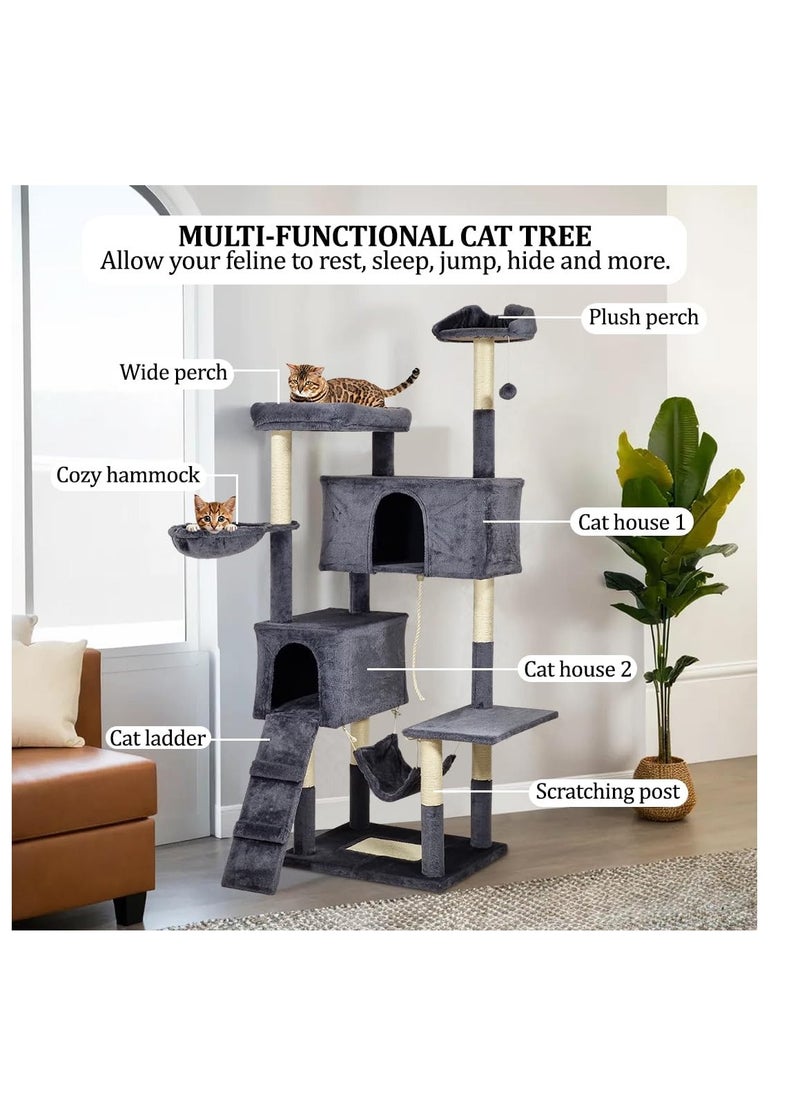NNC PETS - Large cat tree with Sisal scratching posts, Plush pet furniture with Climbing ladder, Hammock, and Spacious condos, Cat entertainment toy for Indoor Cats & Kittens, 180 cm (Dark-grey) - Image 1